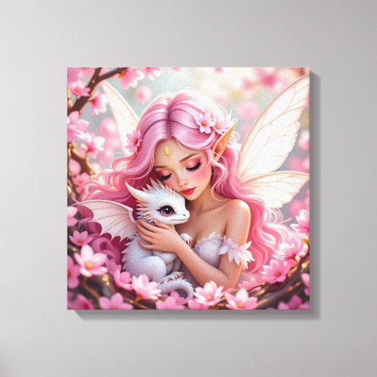 Hübsche rosa Elfenfee und Drache Leinwanddruck (Vorderseite)