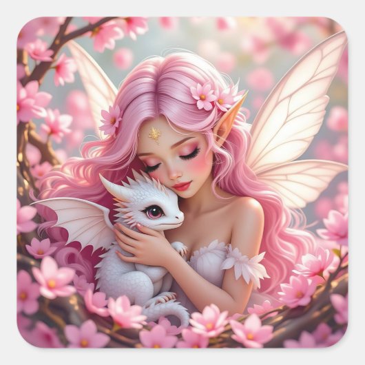 Hübsche rosa Elfenfee und Drache  Quadratischer Aufkleber (Vorderseite)