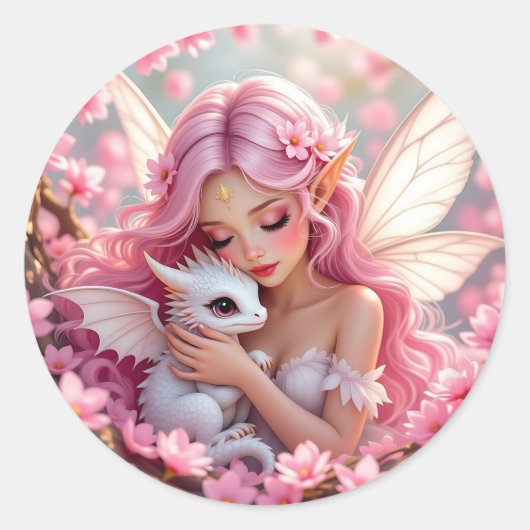Hübsche rosa Elfenfee und Drache Runder Aufkleber (Vorderseite)