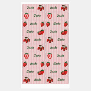 Hübsche rosa Erdbeeren & Streifen Schulname Etiketten