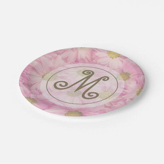 Hübsche rosa Farbsäcke Niedliches Goldmonogramm Pappteller (Schrägansicht)