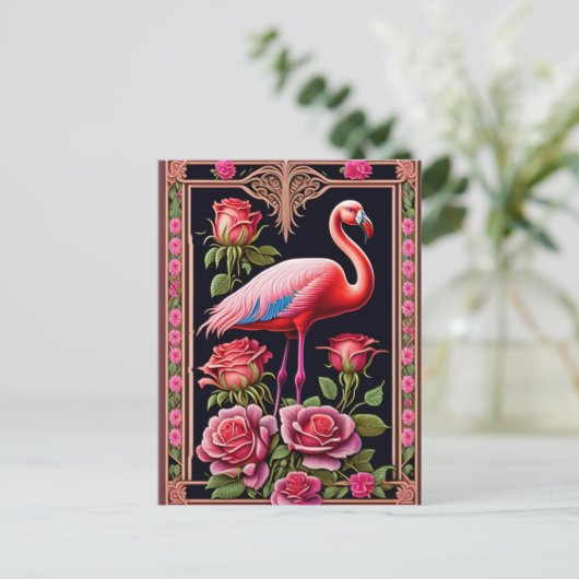 Hübsche Rosa Flamingo Rose Illustration Postkarte (Stehend Vorderseite)