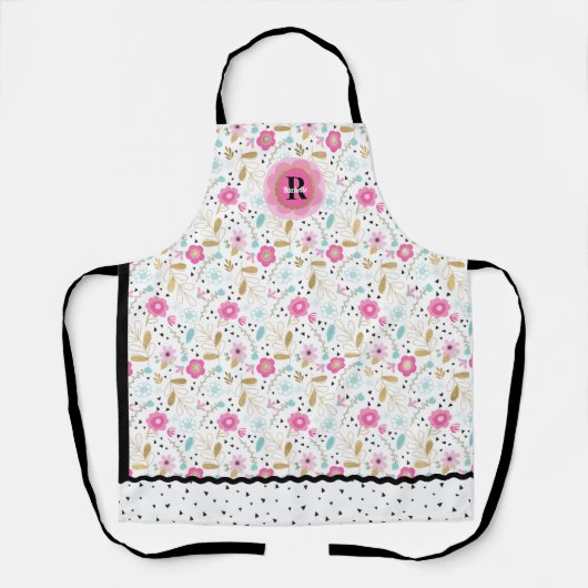 Hübsche rosa florale Monogram All-Over-Print-Schür Schürze (Vorderseite)