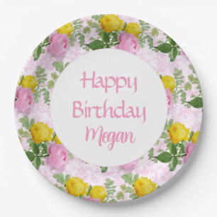Hübsche rosa gelbe Rosen Alles Gute zum Geburtstag Pappteller