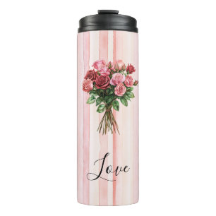 Hübsche rosa gestreifte Rosen Blumen Thermosbecher