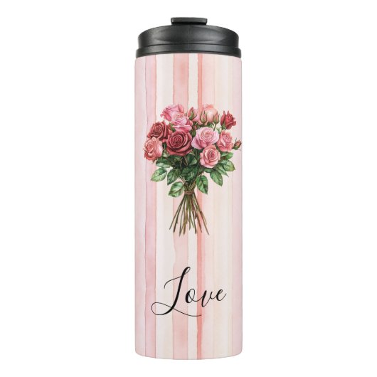 Hübsche rosa gestreifte Rosen Blumen Thermosbecher (Vorderseite)