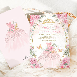 Hübsche Rosa Gold Rose Princess Dress Quinceañera Einladung