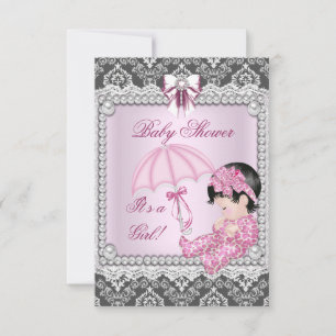 Hübsche Rosa Graue Mädchen-Baby-Party Damast Einladung