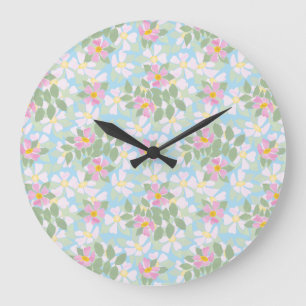 Hübsche rosa Heckenrosen auf himmelblauer runder W Große Wanduhr