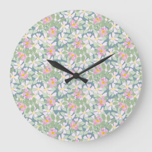 Hübsche rosa Heckenrosen auf tiefblauer runder Wan Große Wanduhr