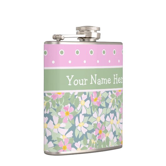 Hübsche Rosa Hunde Rose auf Marine und Polkas Flachmann (Rechts)