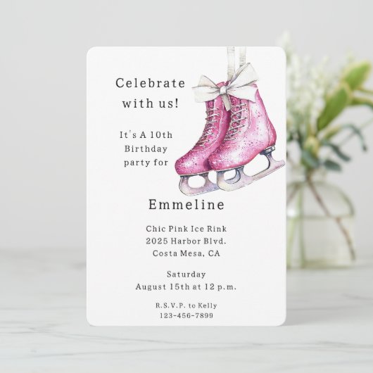 Hübsche Rosa Ice Skate Geburtstag Einladung (Stehend Vorderseite)
