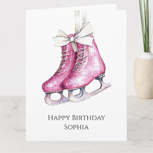 Hübsche Rosa Ice Skate Geburtstag Karte (Vorderseite)