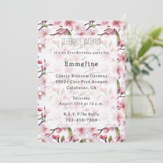 Hübsche rosa Kirschblüten-Blumen-Geburtstag Einladung (Stehend Vorderseite)