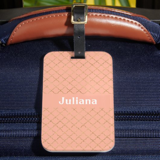 Hübsche Rosa Koralle Gold Quatrefolie Personalisie Gepäckanhänger (Vorderseite Insitu 2)
