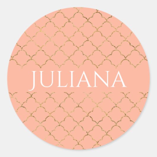 Hübsche Rosa Koralle Gold Quatrefolie Personalisie Runder Aufkleber (Vorderseite)