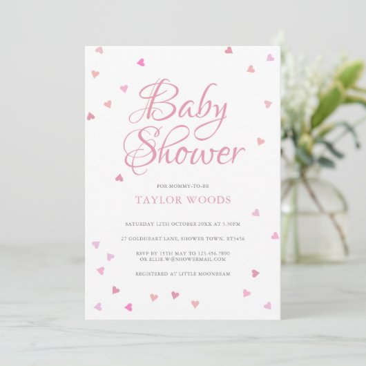 Hübsche rosa Liebe Herz Babydusche / Sprinkle Einladung (Stehend Vorderseite)