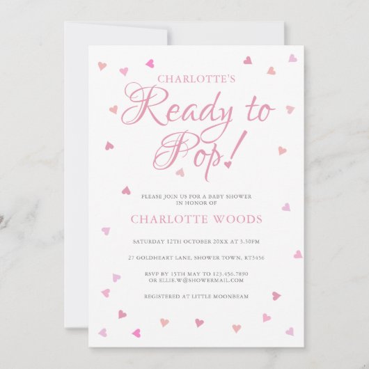 Hübsche rosa Liebe Herz bereit für Pop Kinderdusch Einladung (Vorderseite)