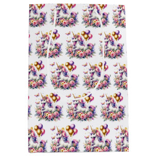 Hübsche rosa, lila und goldene Einhorn-Geburtstags Mittlere Geschenktüte