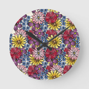 Hübsche Rosa Lilac Blue Red Wildblume Illustration Runde Wanduhr