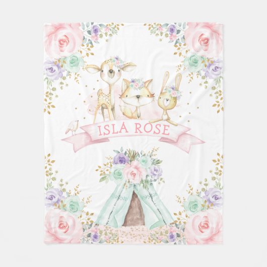 Hübsche Rosa Minze Lila Boho-Waldtiere Fleecedecke (Vorderseite)