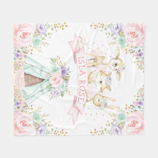 Hübsche Rosa Minze Lila Boho-Waldtiere Fleecedecke (Vorderseite (Horizontal))