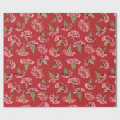 Hübsche Rosa Nelken Blume auf Rot Gemustert Geschenkpapier (Flach)