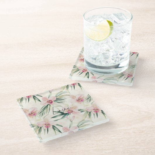 Hübsche Rosa Orchideen Glasuntersetzer (Schrägansicht)