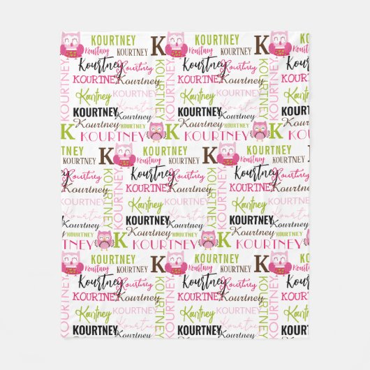 Hübsche rosa Owls mit Name und Monogramm-Collage Fleecedecke (Vorderseite)