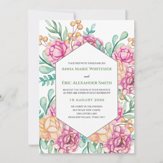 Hübsche Rosa-Peonies-Hochzeit Einladung (Vorderseite)