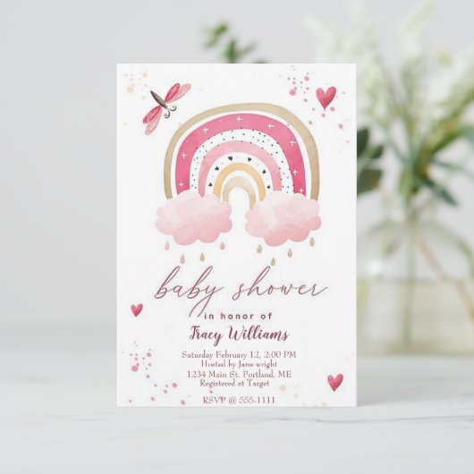 Hübsche Rosa Regenbogenbrause Einladung (Stehend Vorderseite)