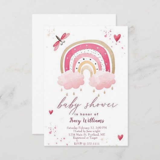 Hübsche Rosa Regenbogenbrause Einladung (Vorne/Hinten)