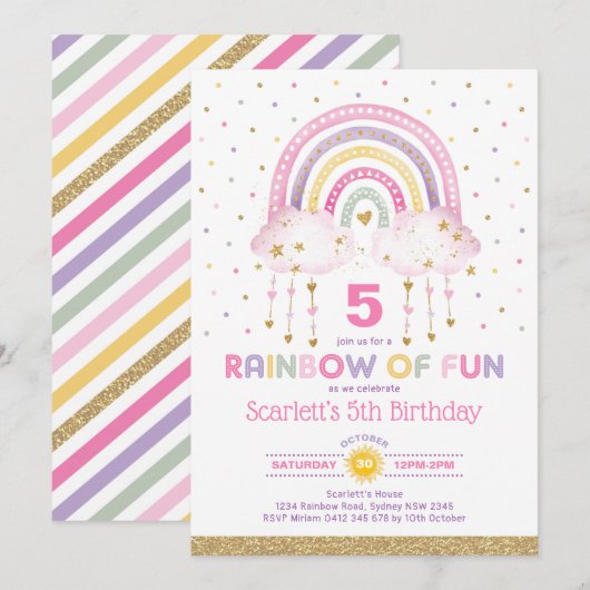 Hübsche Rosa Regenbogenwolken Girls Geburtstagspar Einladung (Vorne/Hinten)