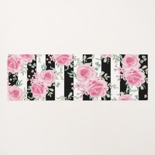 Hübsche Rosa Rose Schwarze Streifen Yogmatte Yogamatte (Rückseite (Horizontal))
