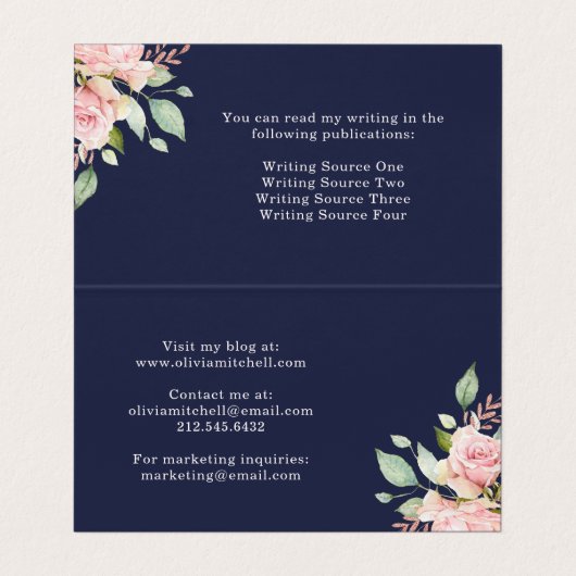 Hübsche rosa Rosen auf Blumen des Marine-Blau-| Visitenkarten (Innenseite Aufgefaltet)