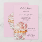 Hübsche rosa Rosen Blumen Cupcake Brautparty Einladung (Vorne/Hinten)