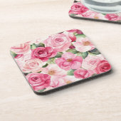 Hübsche rosa Rosen Blumen  Getränkeuntersetzer (Linke Seite)