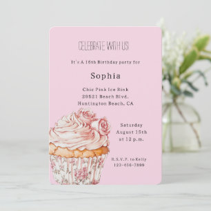 Hübsche rosa Rosen Floral Cupcake Geburtstag Einladung