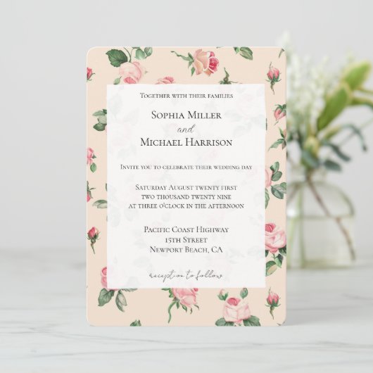 Hübsche rosa Rosen Florale Hochzeit Einladung (Stehend Vorderseite)