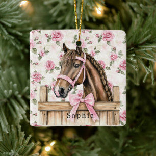 Hübsche rosa Rosen Pferd Weihnachten Keramikornament
