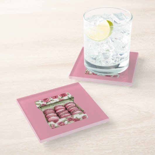 Hübsche rosa Rosen Schachtel Macarons Glasuntersetzer (Schrägansicht)