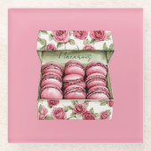 Hübsche rosa Rosen Schachtel Macarons Glasuntersetzer (Vorderseite)