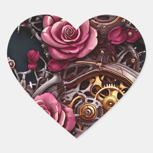 Hübsche rosa Rosen und Metallgeere Steampunk Herz-Aufkleber (Vorderseite)