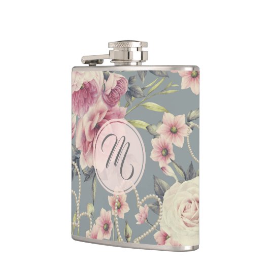 Hübsche rosa Rosen und Perlen-Herz-Monogramm Flachmann (Links)