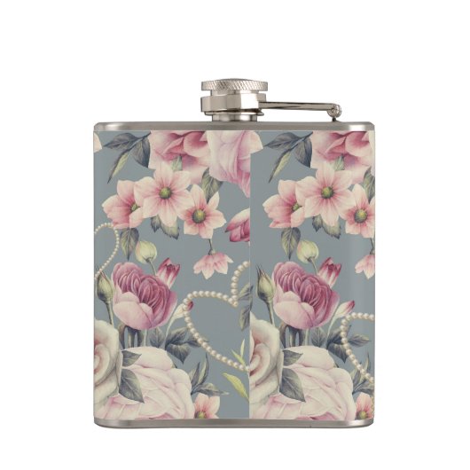 Hübsche rosa Rosen und Perlen-Herz-Monogramm Flachmann (Rückseite)