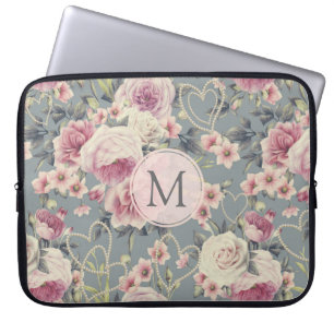 Hübsche rosa Rosen und Perlen-Herzen Monogramm Laptopschutzhülle