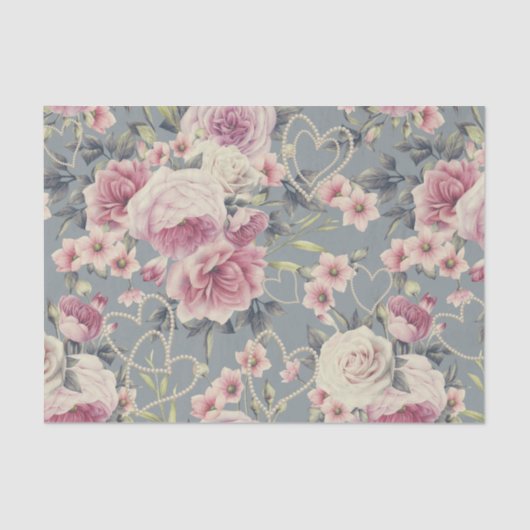 Hübsche rosa Rosen und Perlen-Herzen Seidenpapier (Vorderseite)