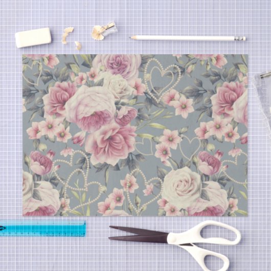 Hübsche rosa Rosen und Perlen-Herzen Seidenpapier (Handwerk)