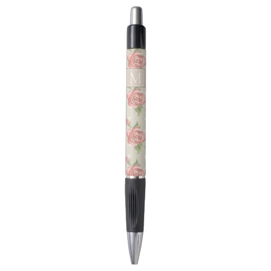 Hübsche rosa Rosen und Punkte Monogramm Kugelschreiber (Vorderseite Vertikal)