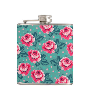 Hübsche rosa Rosen und Punkte-Muster auf Türkis Flachmann